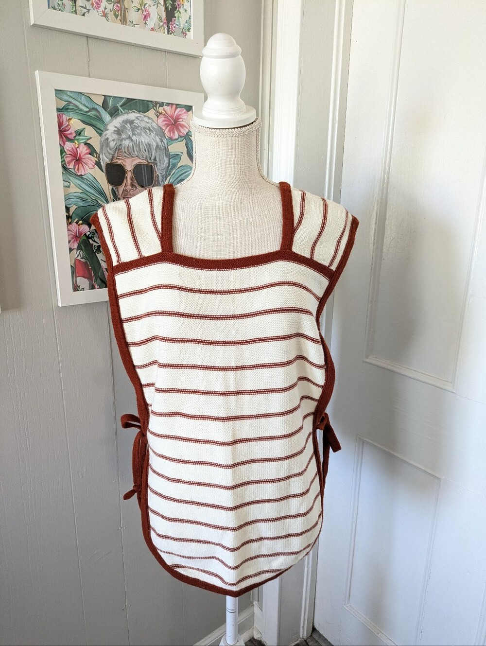 Vintage Little‎ Lisa Knit Smock Girls Medium Cream Brown Striped  Retro Apron